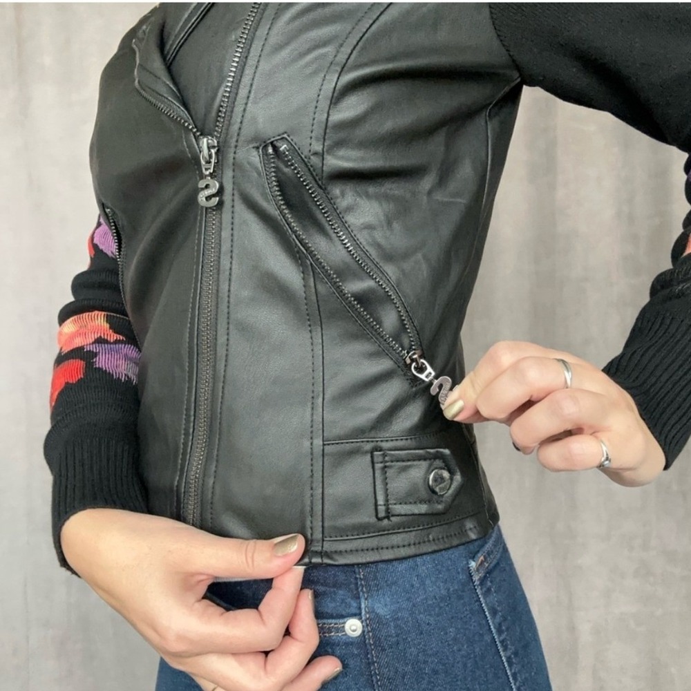 Desigual Moto Jacket 42 Black Floral Knit Sleeve Mixed Media Biker - Picture 2 of 16